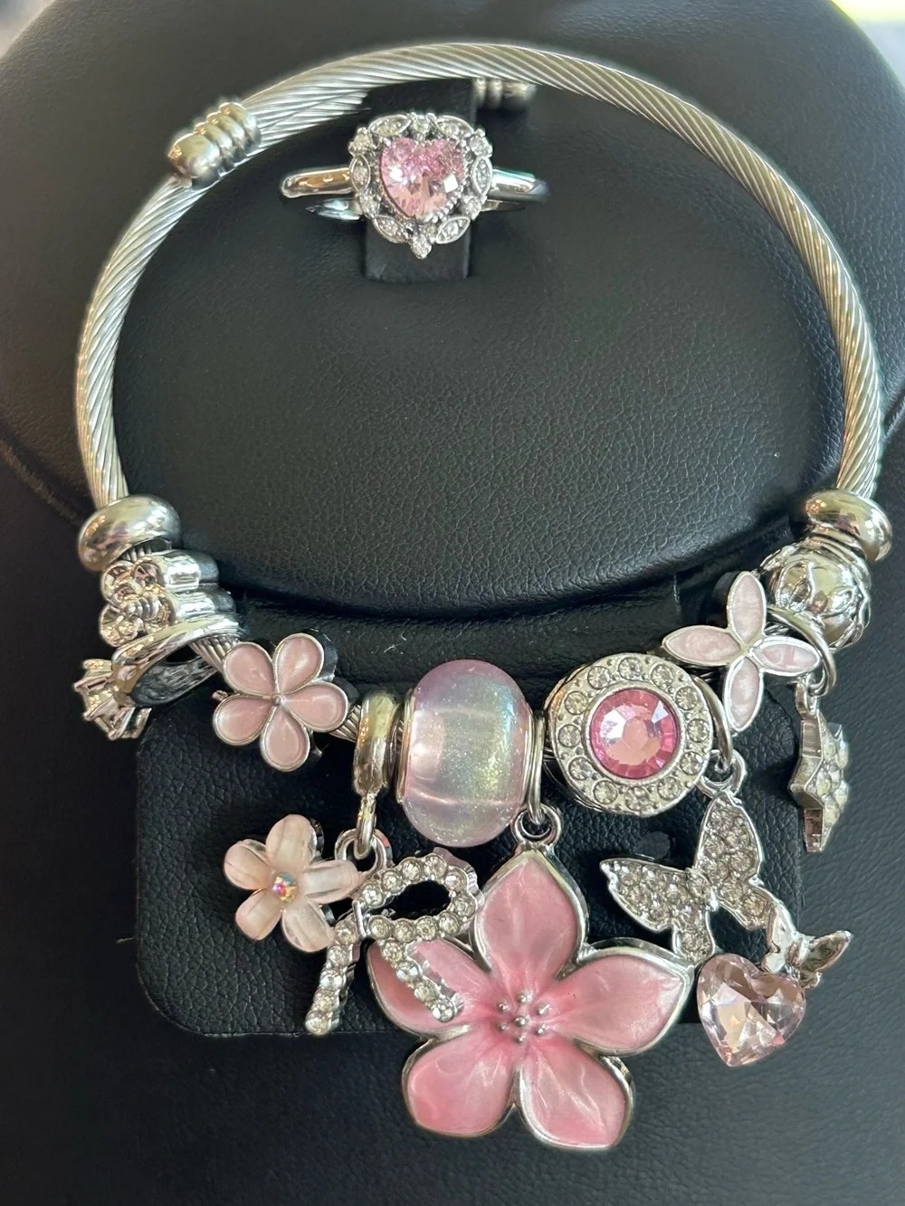 Brand New Silver Pink Flower Charm Bracelet with Matching Pink Heart Ring